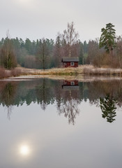 A small cottage by the shore of a small lake