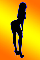 Czarny zarys sylwetki kobiety w tanecznej postawie, na gradientowym kolorowym tle. - obrazy, fototapety, plakaty