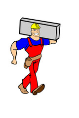 Robotnik budowlany niosący materiał. Kolorowa grafika, na białym tle. © AWVW