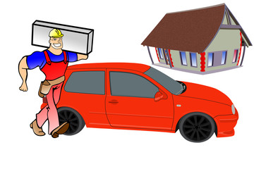 Robotnik obok samochodu, w głębi dom, na białym tle. © AWVW