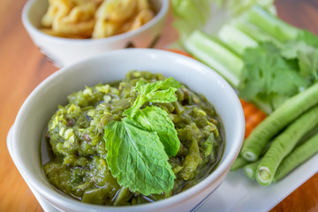 thai spicy green chili dip with vegetables