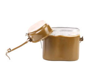 Opened green aluminum military mess-tin.