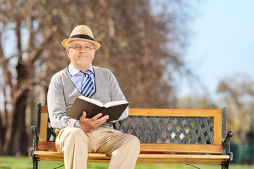 Elderly gentleman with book posing on a bench