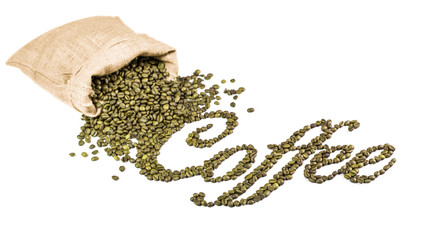 Coffee title made from green coffee beans. Beans in bag