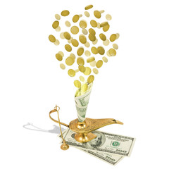 Money fly out of Aladdin's magic lamp