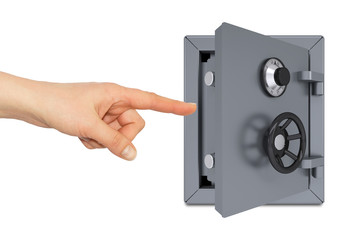 Hand pointing to the open safe