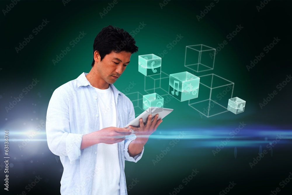 Aufkleber casual man using tablet with interface
