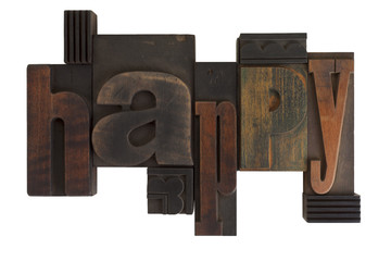 happy, word written in vintage printing blocks