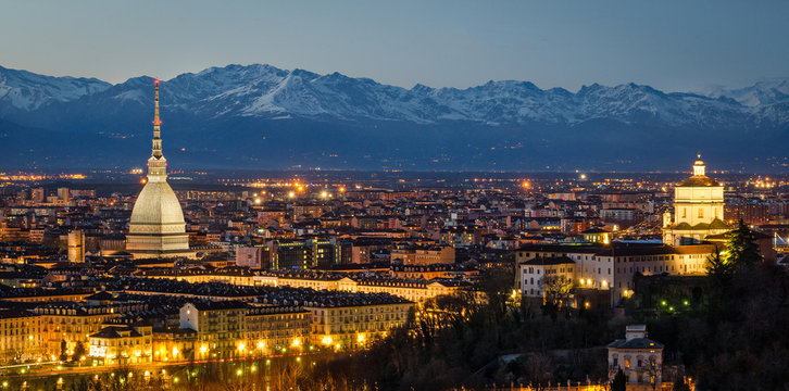 Turin (Torino), night panorama with Mole Antonelliana and Alps