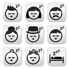 Sleeping, dreaming people faces buttons set