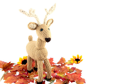 Crocheted Deer With Autumn Leaves