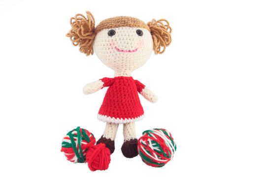 Cute Crocheted Doll In Red Dress