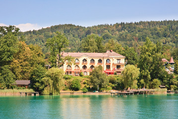 Fototapeta na wymiar Resort Krumpendorf am Worthersee and Lake Worth . Austria