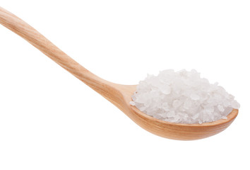 Mineral salt in wooden spoon isolated on white background cutout