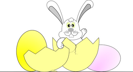 A rabbit inside a cracked easter egg
