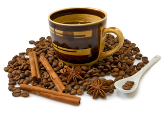 cup of coffee and coffee beans on white background