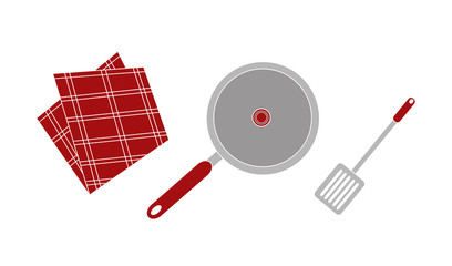 Cooking set with frying pan, dishcloth and spatula vector illustration