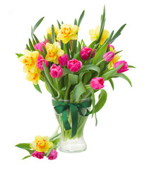 bunch of  tulips and daffodils in vase