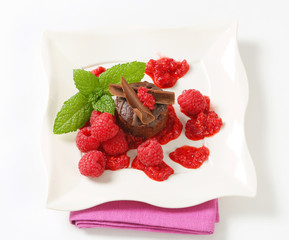 Mini chocolate cake with fresh raspberries
