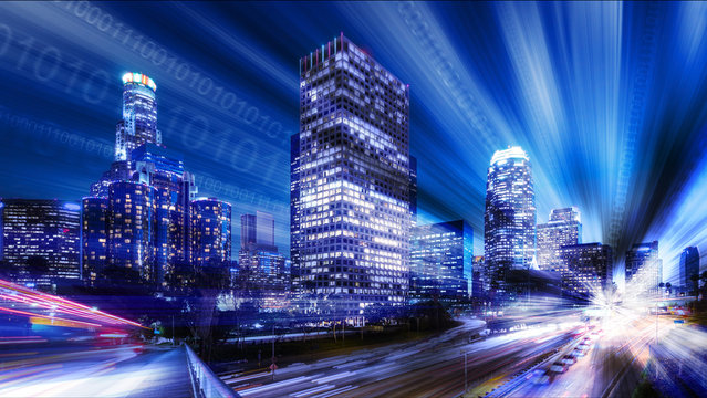 Composite of Los Angeles with binary code - Powered by Adobe