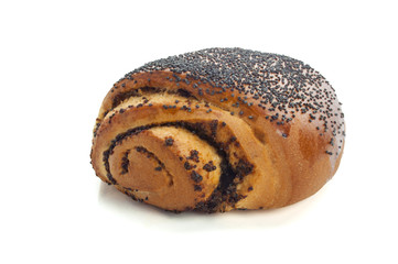 Sweet buns with poppy seeds on white background