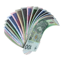 Wachlarz złożony z banknotów Złotego Polskiego PLN odizolowane na białym tle - obrazy, fototapety, plakaty