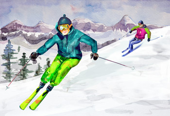 Naklejka premium Winter mountain landscape. watercolor