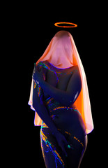 Faceless woman with halo and neon pattern on body