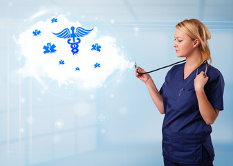 Young doctor with abstract cloud and medical icons