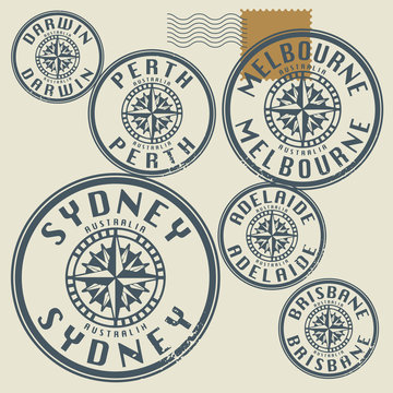 Grunge rubber stamp set with names of Australia cities