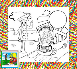 traffic lights and bus coloring book with border