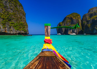 Traditional longtail boat in Maya bay on Koh Phi Phi Leh Island,