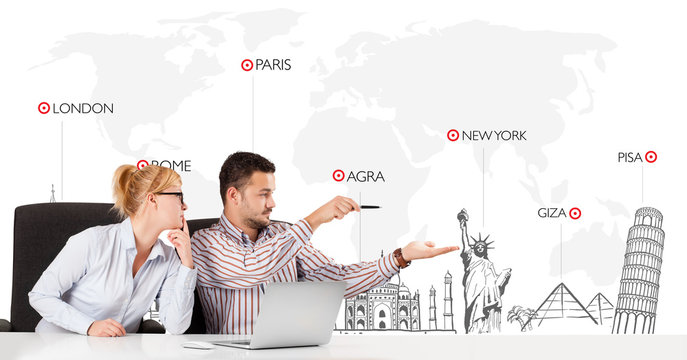 Businessman and businesswoman with world map and major landmarks