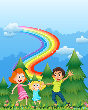 A happy family near the pine trees with a rainbow in the sky