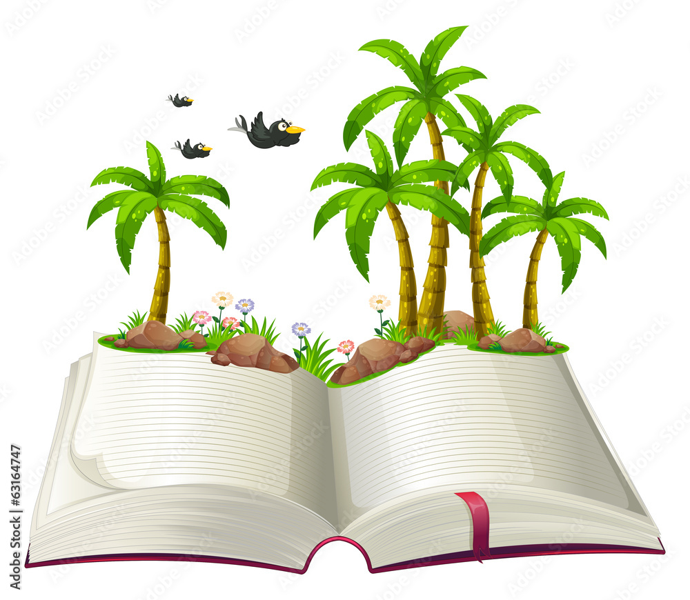Aufkleber An open book with coconut trees and birds