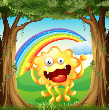 A monster at the woods with a rainbow in the sky
