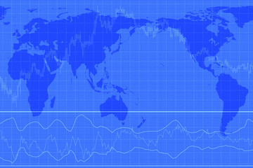 株価のグラフと世界地図