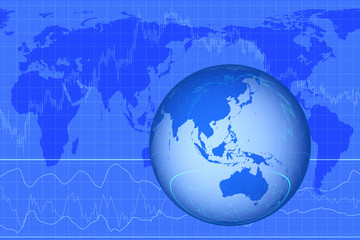 株価のグラフと地球儀