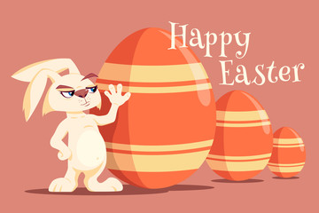 Easter Bunny with easter eggs on pink background. Illustration.