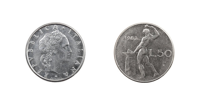 50 italian lira coin isolated on white background