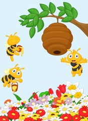 Illustration of a branch of a tree with a beehive and a bee