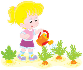 Girl watering carrots