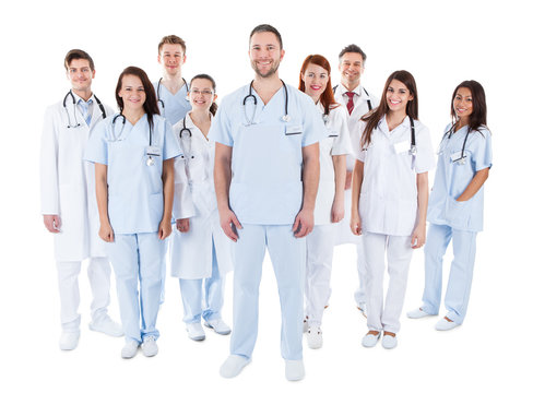 Large diverse group of medical staff in uniform