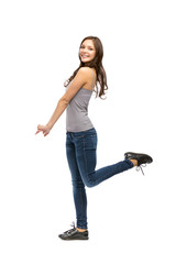 Full-length portrait of happy woman, isolated on white