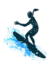 silhouette of a surfer in grunge style splashes