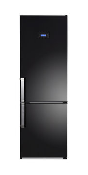 Two door shiny black refrigerator isolated on white