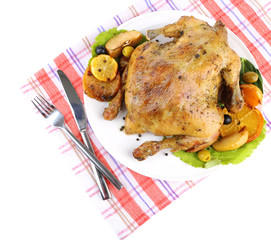 Composition with Whole roasted chicken with vegetables, color