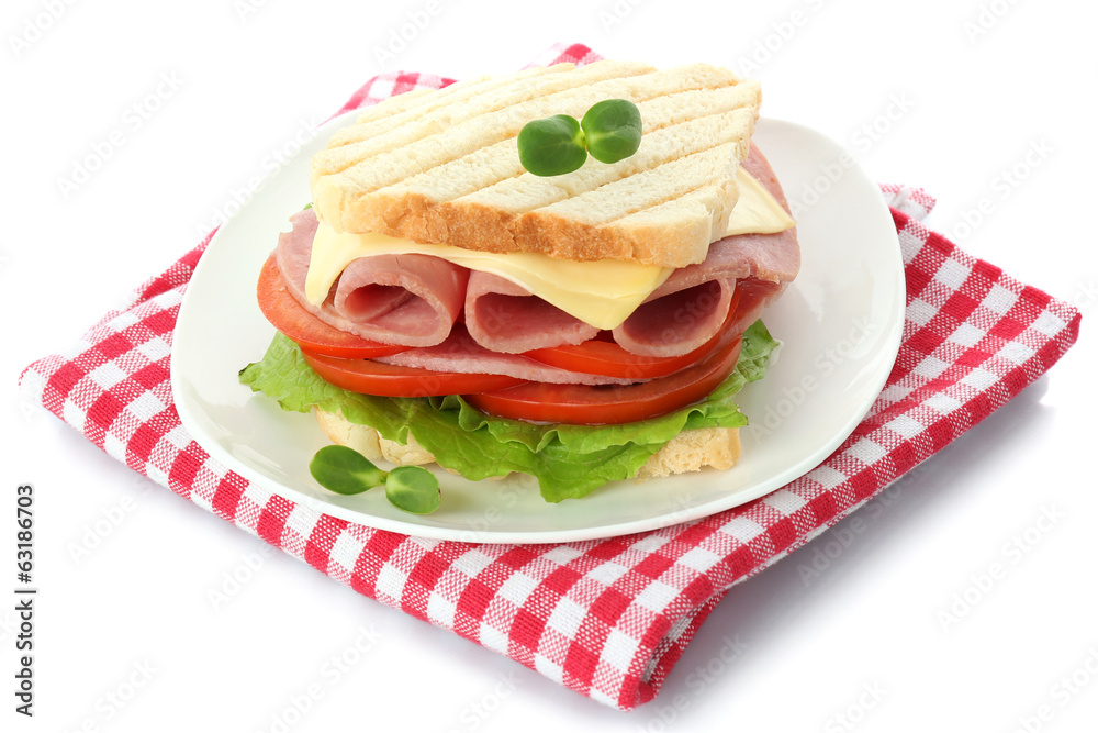 Wall mural Tasty sandwich with ham, isolated on white