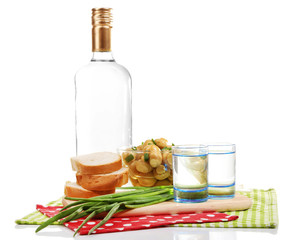 Composition with bottle of vodka and marinated mushrooms,