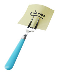 Note paper with message  attached to fork, isolated on white